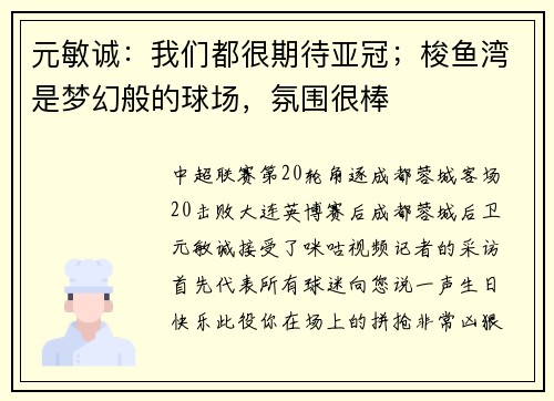 元敏诚：我们都很期待亚冠；梭鱼湾是梦幻般的球场，氛围很棒