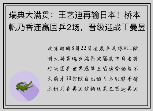 瑞典大满贯：王艺迪再输日本！桥本帆乃香连赢国乒2场，晋级迎战王曼昱